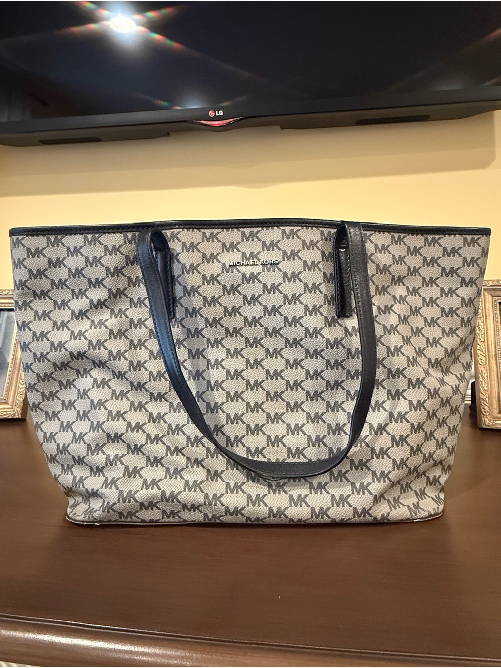 Michael Kors Monogram Canvas Tote in Beige and Black